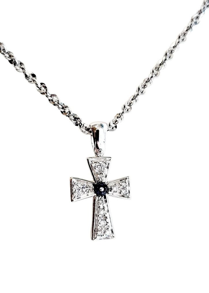 吊墜頸鏈 - 18 克拉 白金 -  0.53ct. tw. 藍寶石 - 鉆石 #2.1