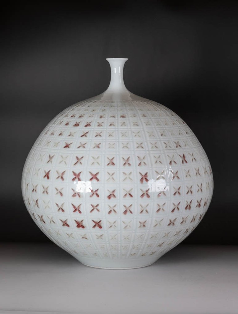 格子图案瓷花瓶 - 陶瓷 - Shumei Fujii 藤井朱明(1936-2017) - 日本 - 昭和年代(1926-1989) #1.0