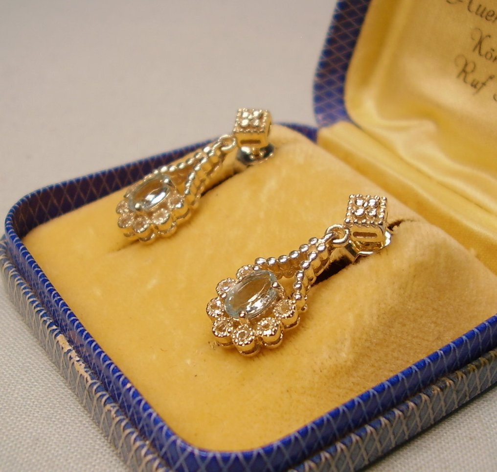 Nincs minimálár - Drop fülbevaló Ezüst - 0.66ct. tw. Akvamarin - Quartz - aranyművesség #1.0