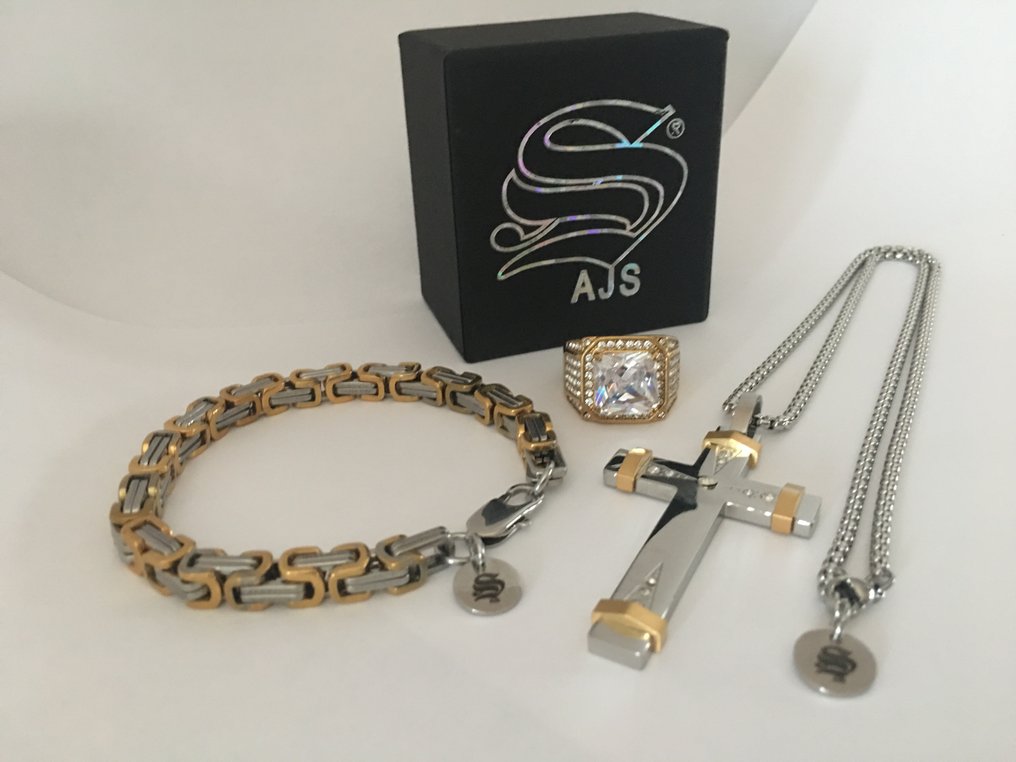 AJS 4件套徽章吊坠手链链，过敏性低的外科钢+24kt镀金 - 頸鏈 #1.0