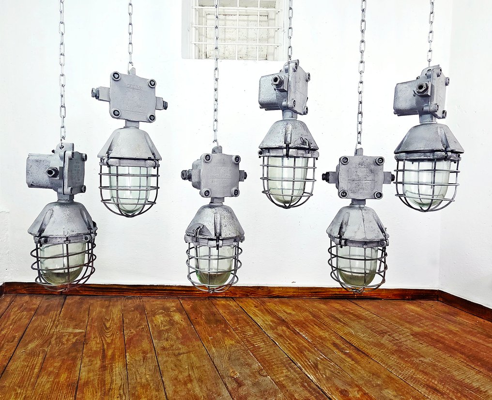 Lampada a sospensione (6) - Vetro, Alluminio - Lampade industriali con gabbia #1.0