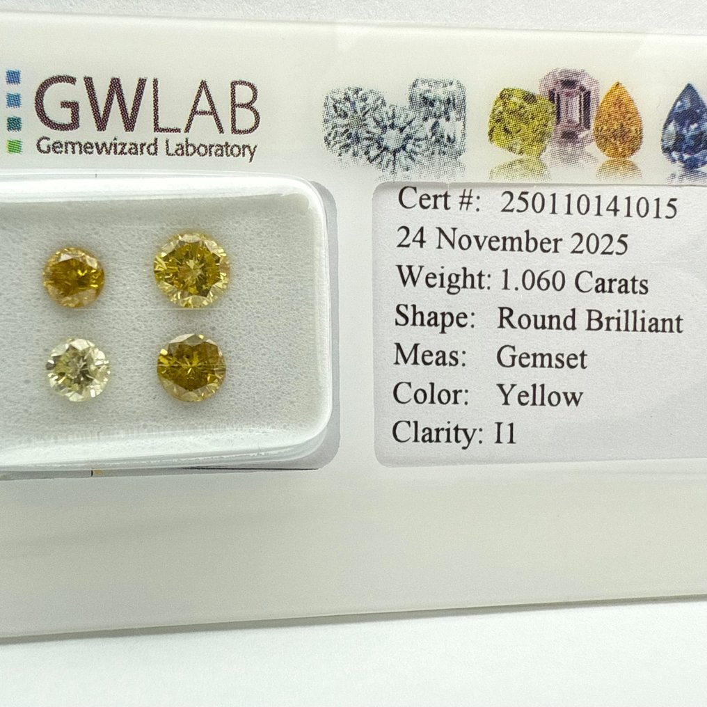 Ohne Mindestpreis - 4 pcs Diamant (Farbbehandelt) - 1.06 ct - Rund - Light, Fancy vivid Gelb - I1 - Gemewizard Gemological Laboratory (GWLab) #1.0