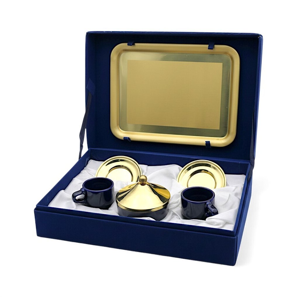 Pareschi Ceramica di Laveno - 咖啡用具 (7) - Mod. "Cobalt Blue" x2 Tazze con Piattini + Zuccheriera + Vassoio + Box Originale - TML纯铜不变色手工制作 - 1970年代 #1.0