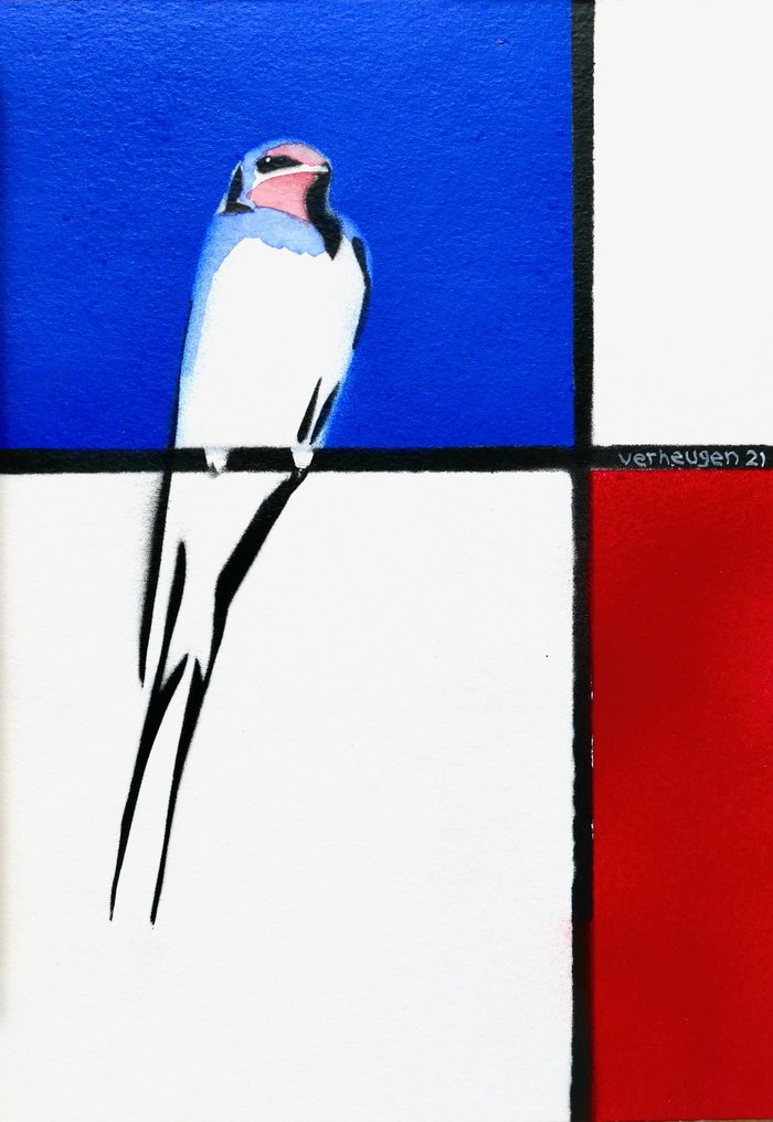 Jos Verheugen - Free after Mondrian, with Swallow (A187, mixed techniques on paper under glass) #1.0