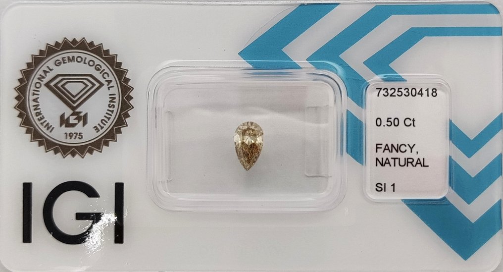 Fără preț de rezervă - 1 pcs Diamant  (Colorat natural)  - 0.50 ct - Pară - Fancy gălbui Maro - SI1 - IGI (Institutul gemologic internațional) #1.0