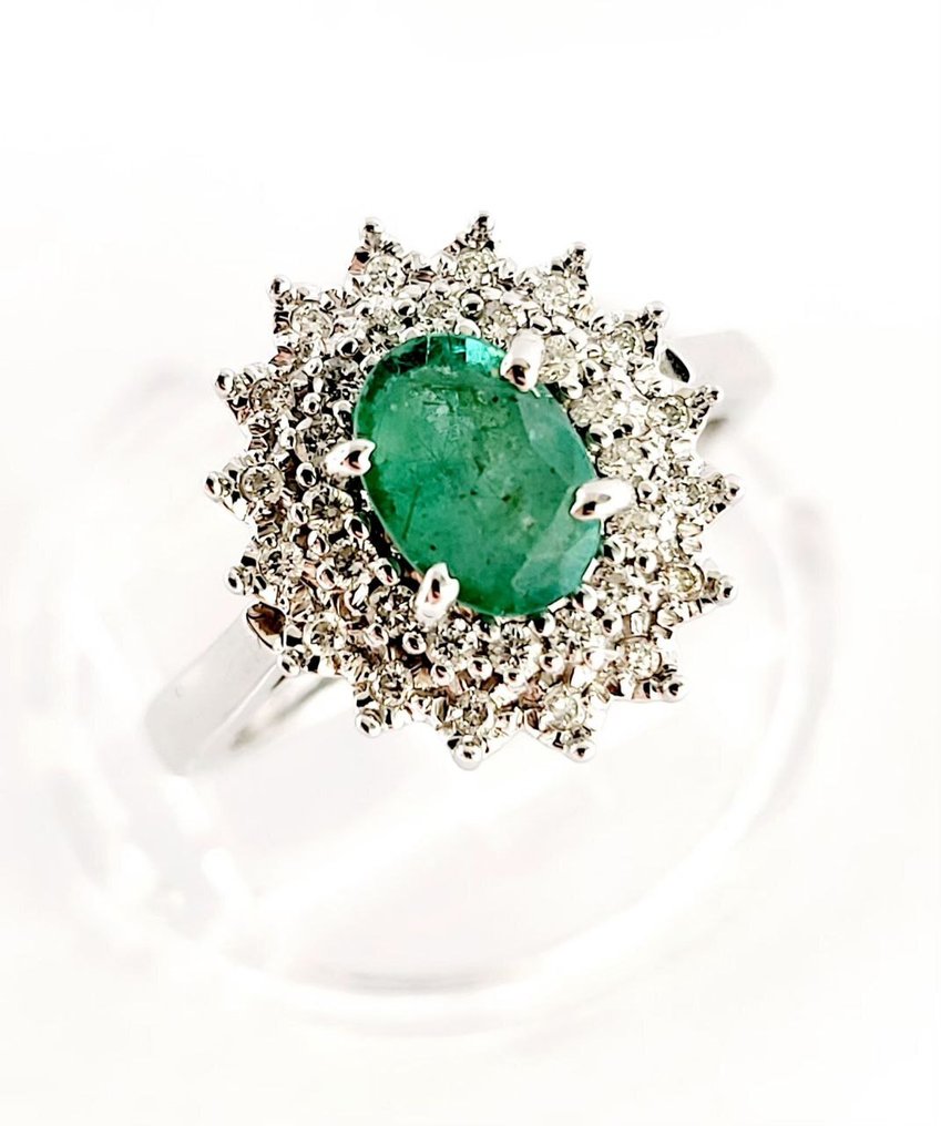 戒指 - 18 克拉 白金 - 2.10ct. tw. 鉆石 (天然) - 祖母綠 #1.0