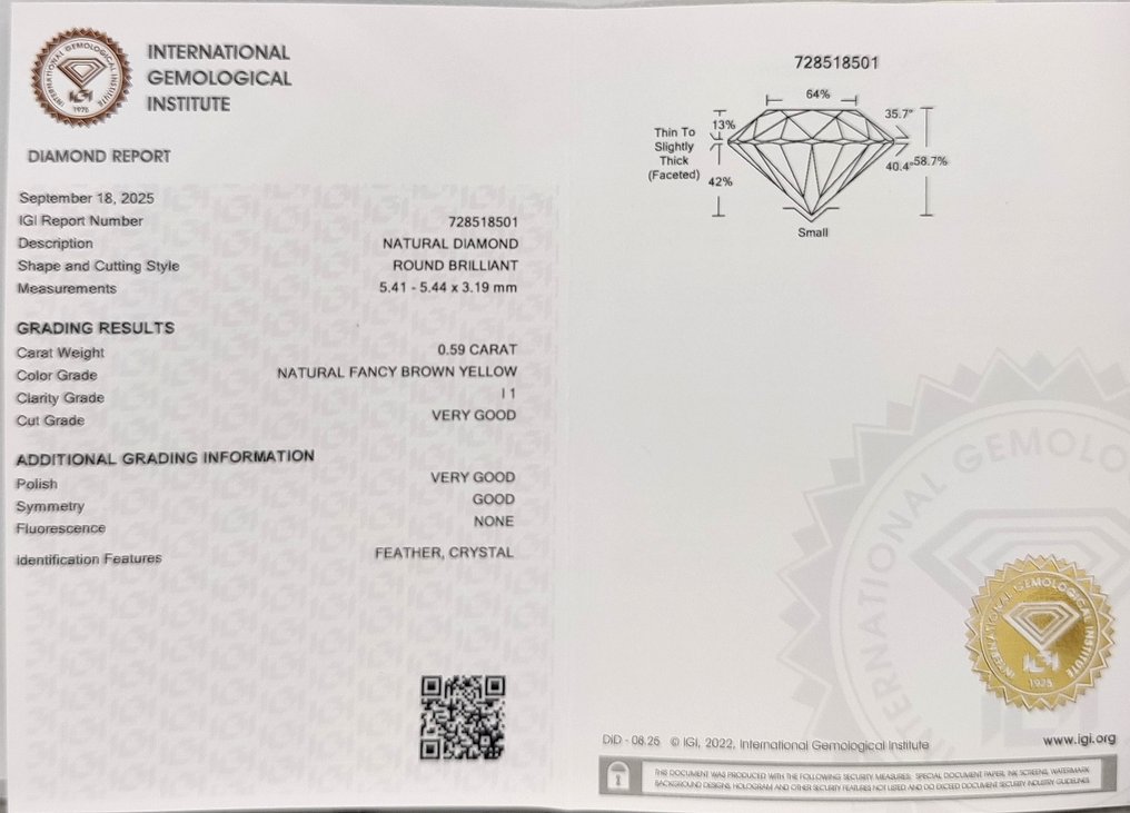 Sans Prix de Réserve - 1 pcs Diamant (Couleur naturelle) - 0.59 ct - Rond - Fancy Brun Jaune - I1 - International Gemological Institute (IGI) #4.3