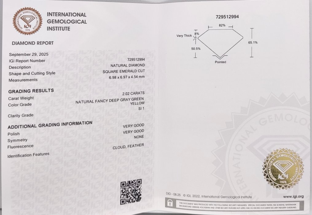 没有保留价 - 1 pcs 钻石  (天然色彩的)  - 2.02 ct - 祖母绿 - Fancy deep 灰色, 绿色 黄色 - SI1 微内含一级 - 国际宝石研究院（IGI） #4.3