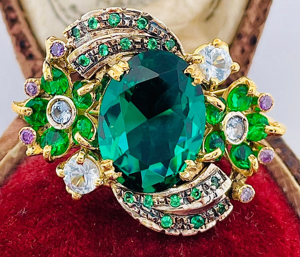 Ingen mindstepris - Ring - 9 kt. Gulguld, Sølv Smaragd - Akvamarin #1.0