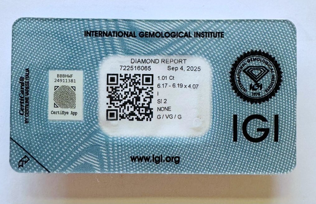 No Reserve Price - 1 pcs Diamond  (Natural)  - 1.01 ct - Round - I - SI2 - International Gemological Institute (IGI) #1.0