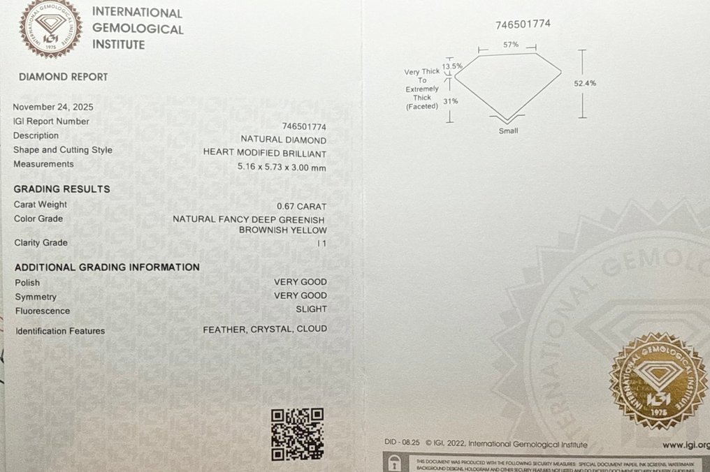 没有保留价 - 1 pcs 钻石  (天然色彩的)  - 0.67 ct - 心形 - Fancy deep 稍帶綠色的, 稍帶棕色的 黄色 - I1 内含一级 - 国际宝石研究院（IGI） #2.1