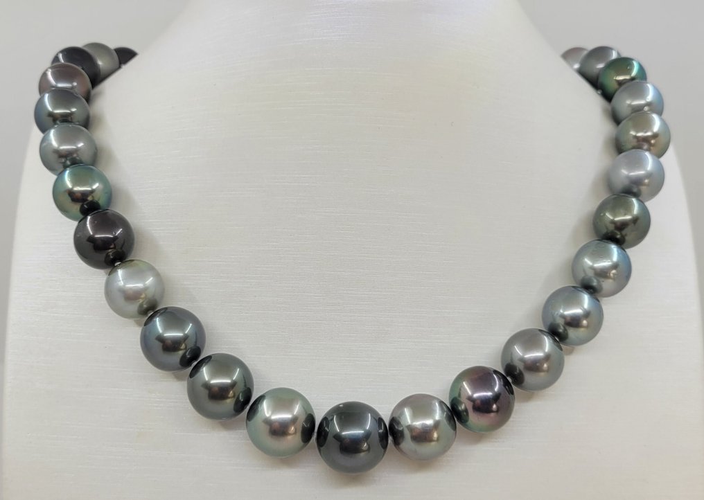 Κολιέ - 14 καράτια Λευκός χρυσός, Πιστοποιημένα πολύχρωμα μαργαριτάρια Tahiti 11x14mm. #1.0