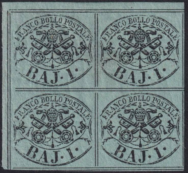 Αρχαία ιταλικά κράτη - Παπικό κράτος 1864 - I^ Em. 1 b. II^ Comp. πράσινο σκούρο τετράγωνο Sass 2B Adf καλά περιθωριοποιημένο f.AD, Ray Spl #1.0