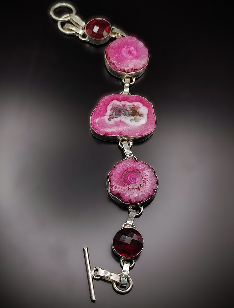 无底价 美丽一等品质太阳石和石榴石手工制作925银手链 - 手镯 #1.0