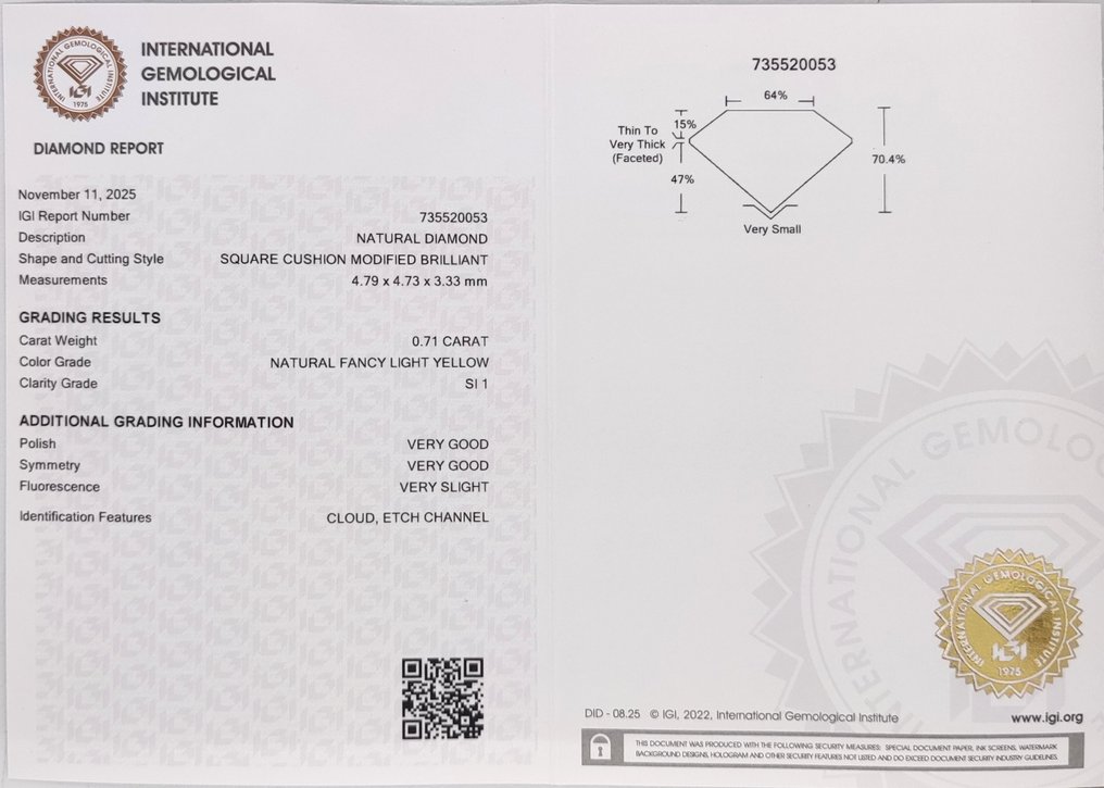 Sans Prix de Réserve - 1 pcs Diamant (Couleur naturelle) - 0.71 ct - Coussin - Fancy light Jaune - SI1 - International Gemological Institute (IGI) #4.3