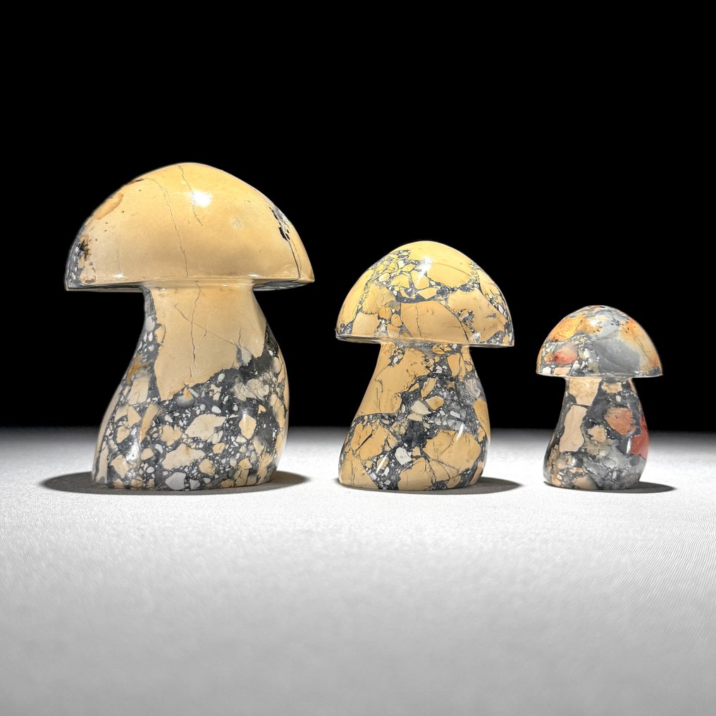 NO RESERVE PRICE - Wonderful set 3 of Yellow Maligano Jasper Mushrooms Shaped- 1400 g - (3) #2.1