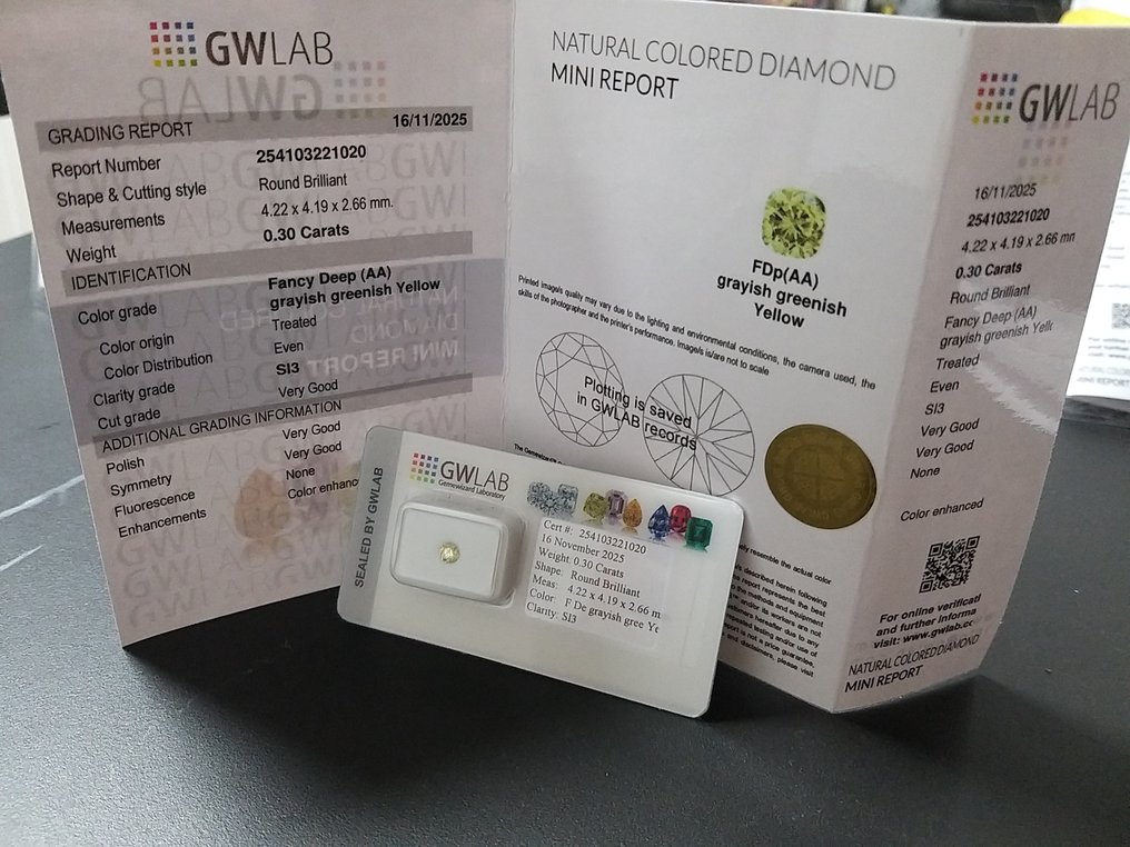 χωρίς τιμή ασφαλείας - 1 pcs Διαμάντι (Επεξεργασμένου χρώματος) - 0.30 ct - Στρογγυλό - Fancy deep Πρασινωπό, Γκριζωπό Κίτρινο - SI3 - Gemewizard Gemological Laboratory (GWLab) #1.0