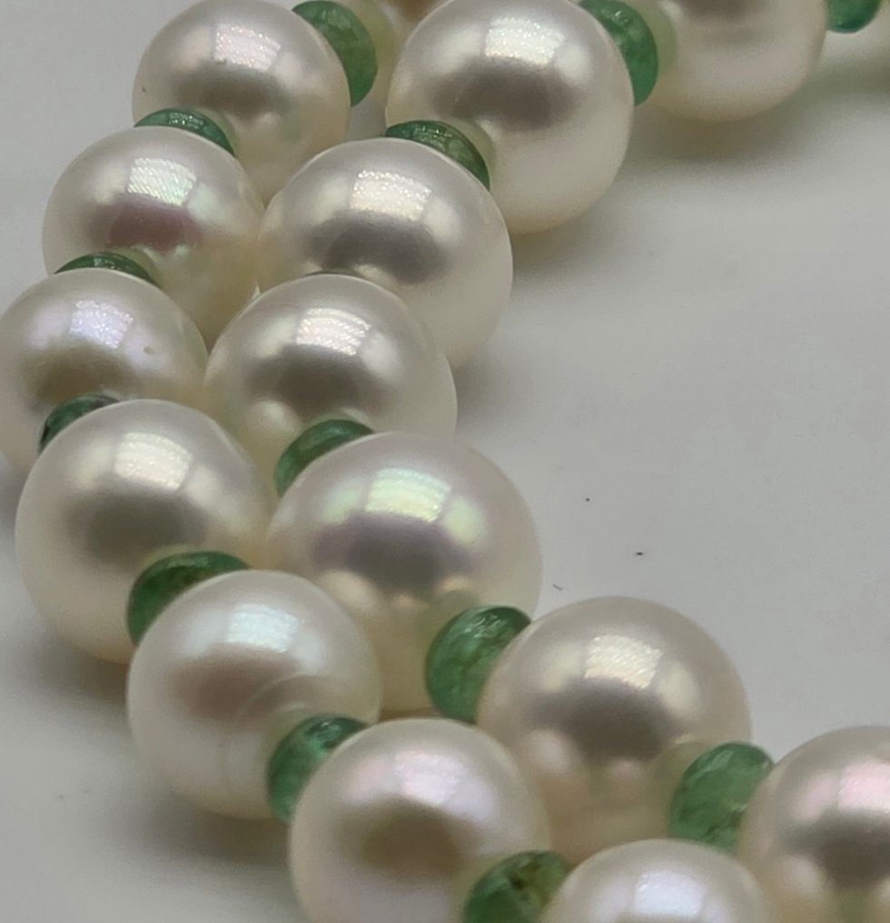 Zonder Minimumprijs - Halsketting - 18 karaat Geel goud Parel - Smaragd - Akoya parels van 7 tot 7,3 mm #4.3