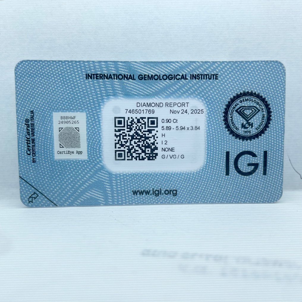 没有保留价 - 1 pcs 钻石  (天然)  - 0.90 ct - 圆形 - H - I2 内含二级 - 国际宝石研究院（IGI） #4.3