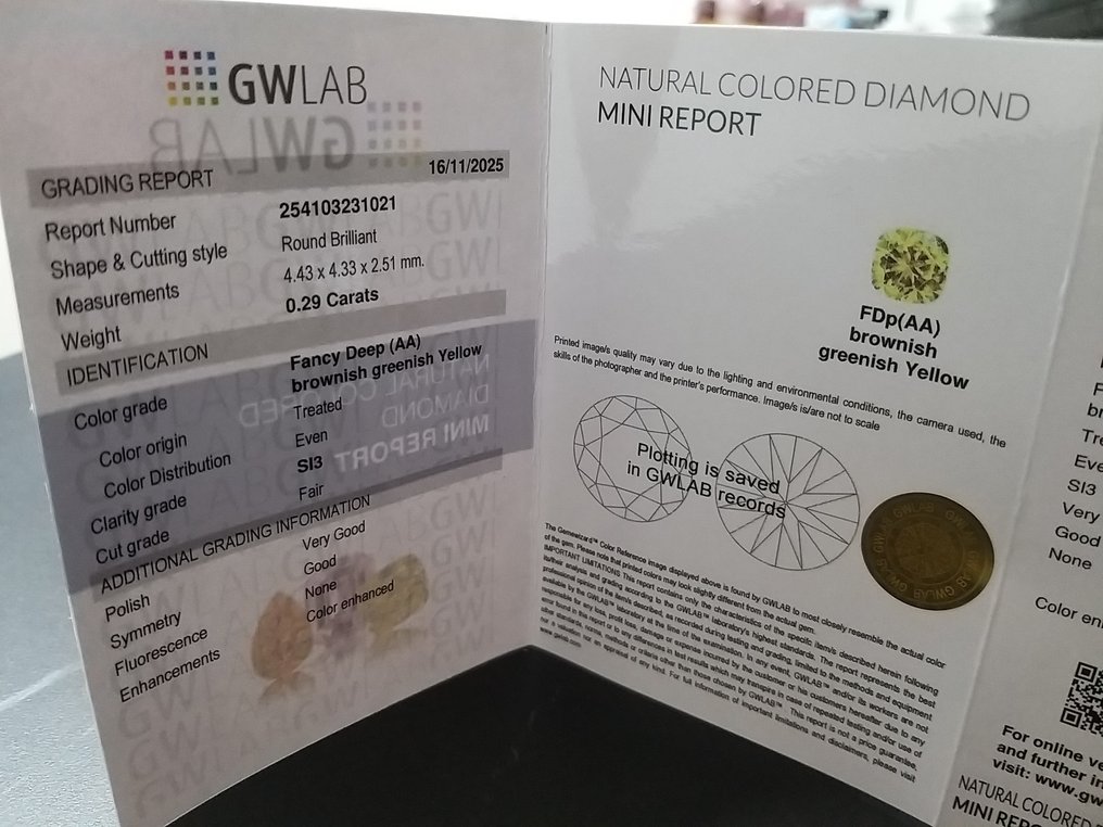 没有保留价 - 1 pcs 钻石  (经彩色处理)  - 0.29 ct - 圆形 - Fancy deep 稍帶綠色的, 稍帶黄色的, 稍帶棕色的 黄色 - SI2 微内三含级 - Gemewizard宝石实验室（GWLab） #2.1