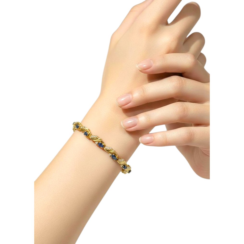 手鈪 - 14 克拉 黃金, 14K黄金1.01克拉钻石与4.0克拉蓝宝石手链 - 5.01ct. tw. 鉆石 (天然) - 藍寶石 #1.0