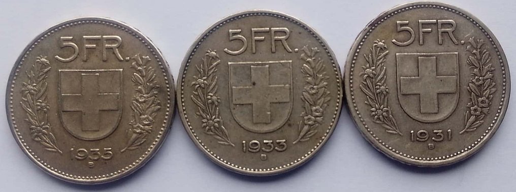 Zwitserland. 5 Francs 3x 1931, 1933, 1935 (Zonder Minimumprijs) #1.0
