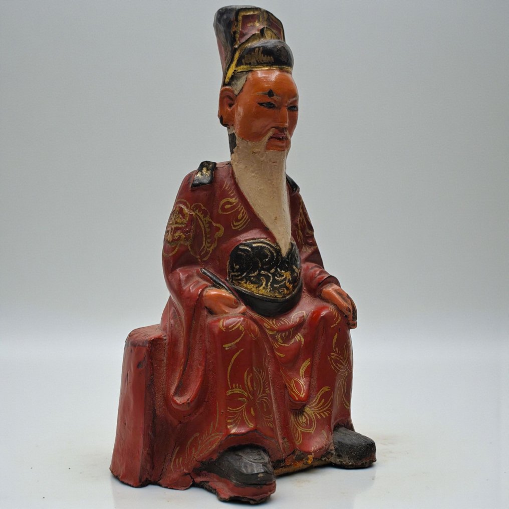 Polychrome Holzstatue - Gelehrtenfigur mit reich verzierten Roben - Holz - China - 20. Jahrhundert #1.0
