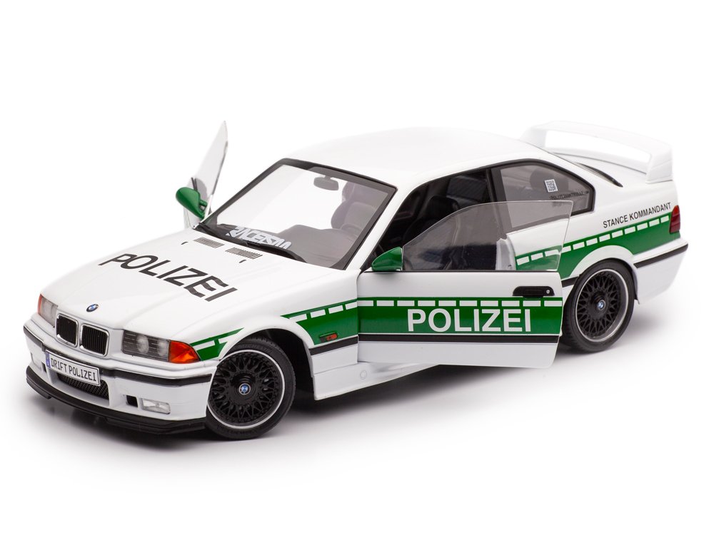 Solido 1:18 - Miniatura de carro desportivo - BMW E36 M3 Coupé Drift Polizei 1991 - Modelo de zamac com portas que abrem. #1.0