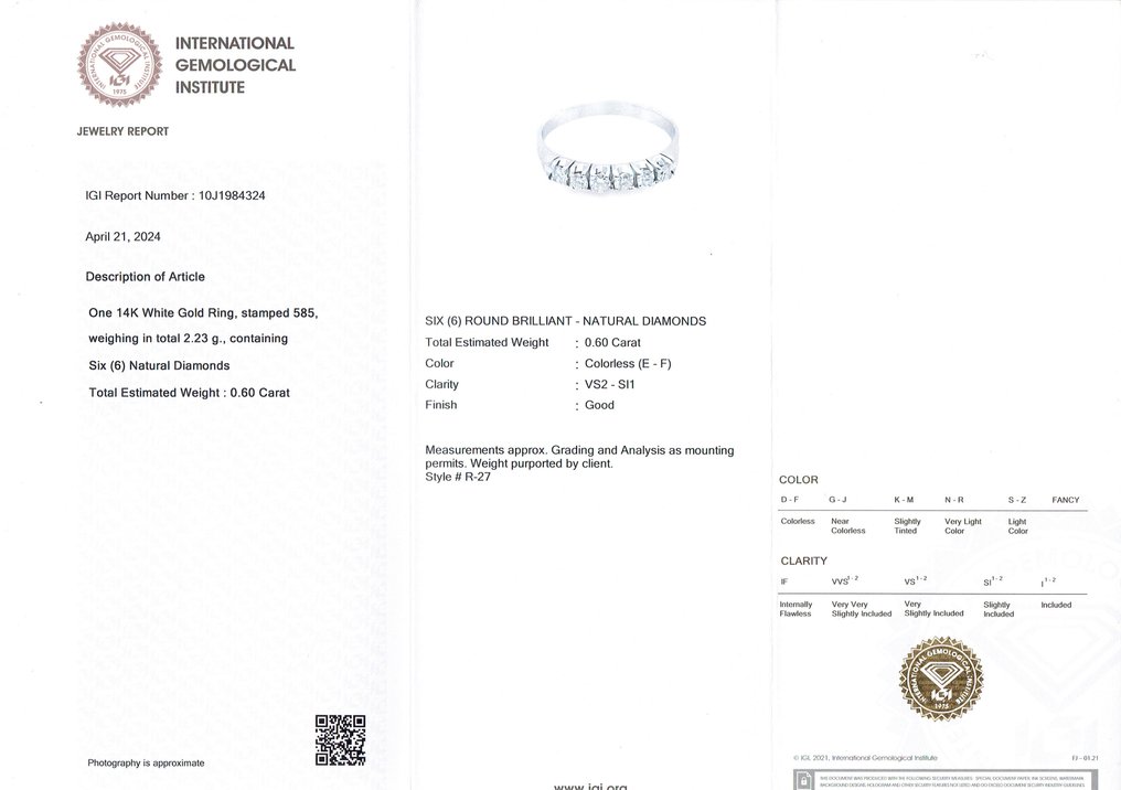 戒指 - 14K包金 白金 - 0.60ct. tw. 钻石 (天然) - R00027 #2.1