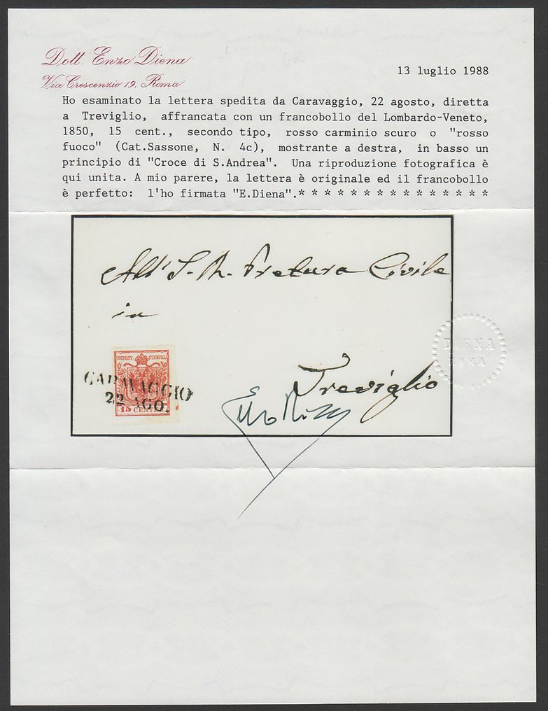 意大利古國－倫巴第-威尼托王國 1850 - 15 c. 红色胭脂，带有十字架的原则，关于来自Caravaggio的信件 - Sassone n. 4c #3.2