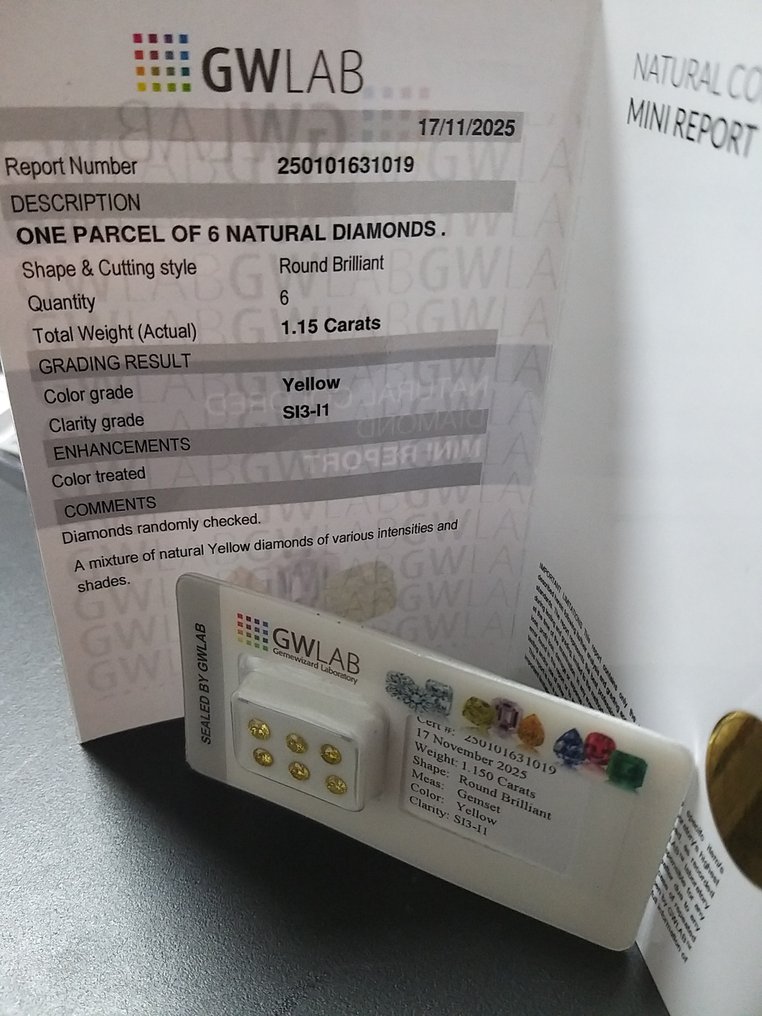 Senza prezzo di riserva - 6 pcs Diamante  (Con trattamento colore)  - 1.15 ct - Rotondo Giallo - I1, SI3 - Gemewizard Gemological Laboratory (GWLab) #4.3