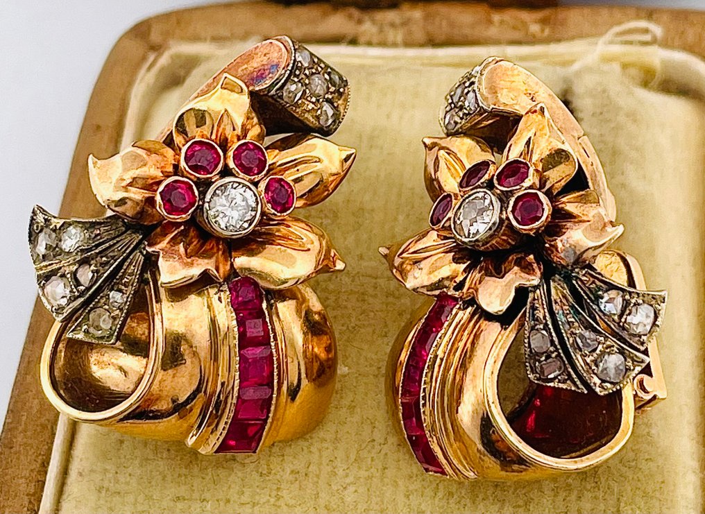 Σκουλαρίκια - 18 καράτια Κίτρινο χρυσό, Ασημί Διαμάντι (Φυσικό) - Ρουμπίνι #2.1