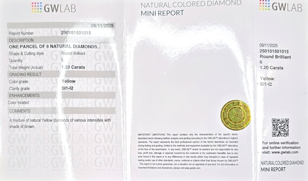 没有保留价 - 6 pcs 钻石  (天然)  - 1.20 ct - 圆形 - SI1 微内含一级, I2 内含二级 - Gemewizard宝石实验室（GWLab） #1.0