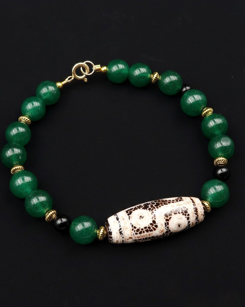 翡翠，黑曜石 - Dzi 6眼 - 因果、运气、情感解放 - 14k GF金扣 - 手镯 #1.0