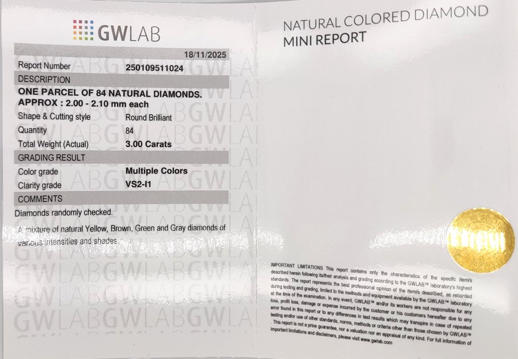 沒有保留價 - 84 pcs 鑽石 (天然彩色) - 3.00 ct - 圓形 混色 - VS2, I1 - Gemewizard Gemological Laboratory (GWLab) #3.2