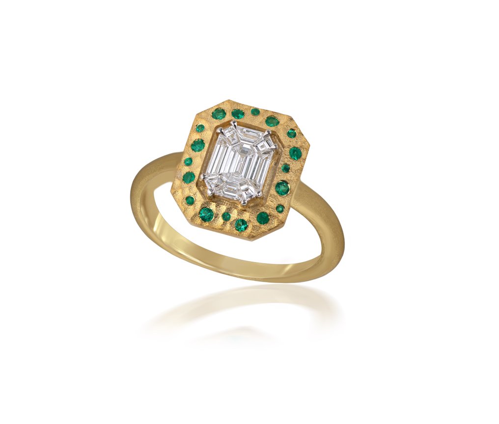 戒指 - 18 克拉 黃金 - 0.46ct. tw. 鉆石 (天然) - 祖母綠 - 1.20 克拉外观 #1.0