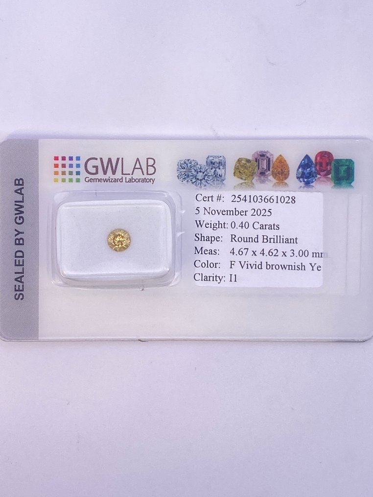 No Reserve Price - 1 pcs Diamond (Colour-treated) - 0.40 ct - Round - Fancy vivid Brownish - I1 - Gemewizard Gemological Laboratory (GWLab) #1.0