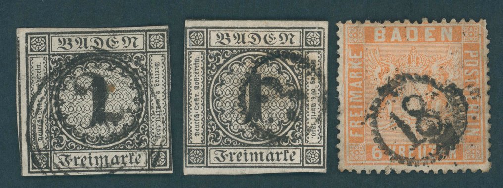 Baden 1853/1860 - Lote com carimbo de data e hora 2, 3 e 18 na Mi.Nr. 5 (duas vezes) e 11. #1.0