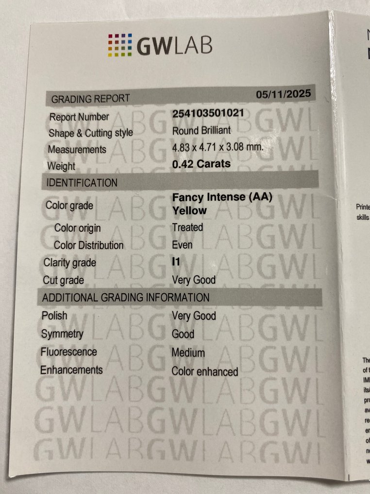 Ingen mindstepris - 1 pcs Diamant (Farvebehandlet) - 0.42 ct - Rund - Fancy intense Gullig Gul - I1 - Gemewizard Gemological Laboratory (GWLab) #3.2