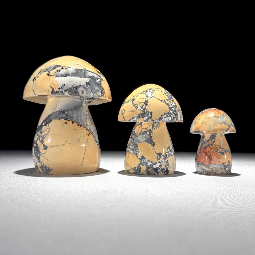 NO RESERVE PRICE - Wonderful set 3 of Yellow Maligano Jasper Mushrooms Shaped- 1400 g - (3) #3.2
