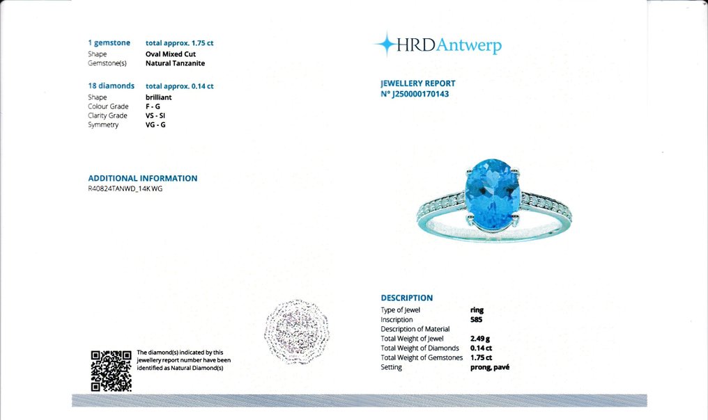 Δαχτυλίδι - 14 καράτια Λευκός χρυσός -  1.89ct. tw. Τανζανίτης - Διαμάντι #2.1