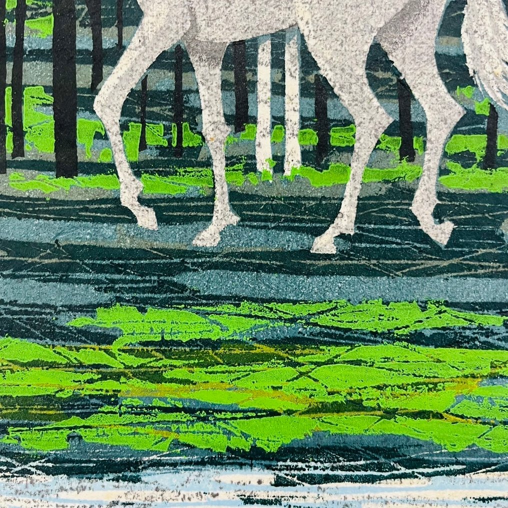 "White Horse A" [白い馬A] Edizione 1982: 90/200 - stampa xilografica - Fujita Fumio 藤田不美夫 (b. 1933) - Giappone - Periodo Shōwa (1926-1989) #3.2