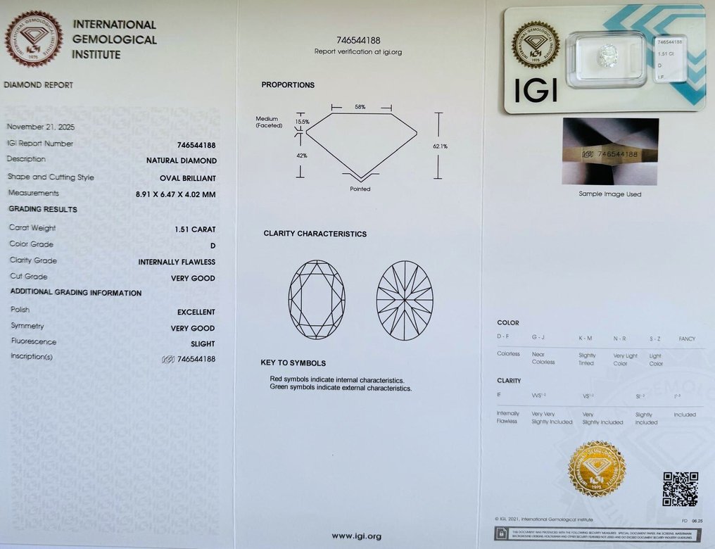 1 pcs Diamant  (Natural)  - 1.51 ct - Oval - D (färglös) - IF - International Gemological Institute (IGI) - VG EX Lätt, fri frakt #2.1