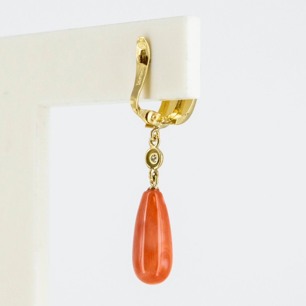 耳环 - 18K包金 黄金 珊瑚 - 钻石 #3.2