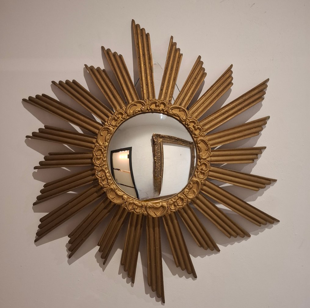 墙面镜子- XL 70厘米  - 木 - 1960年代的凸面太阳镜 #1.0