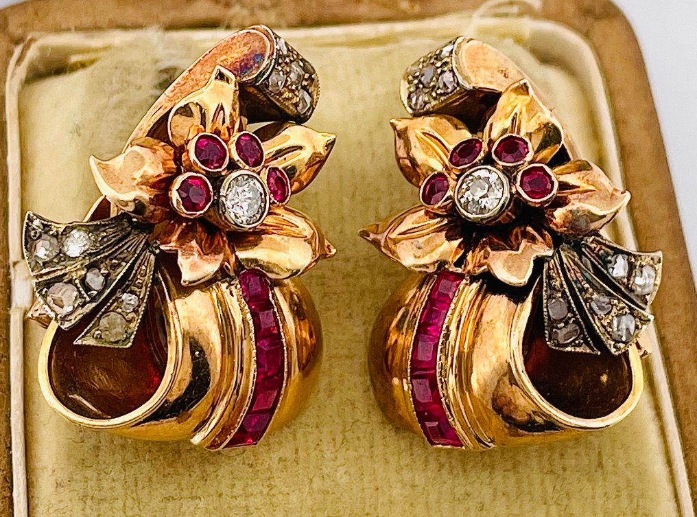 Σκουλαρίκια - 18 καράτια Κίτρινο χρυσό, Ασημί Διαμάντι (Φυσικό) - Ρουμπίνι #3.2