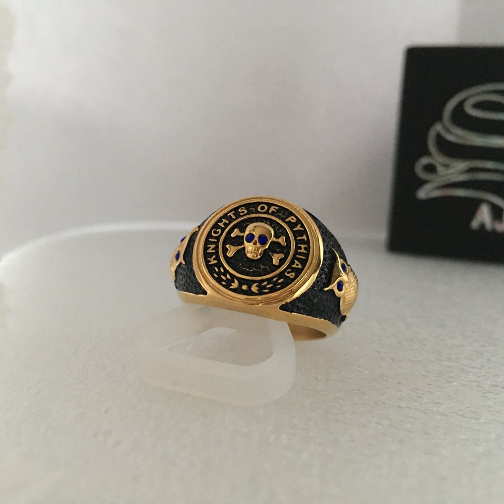 AJS Masonic Knights of Pythias Master Lodge Degree hypoallergent kirurgisk stål + 24 kt forgyldt. - Ring #4.3