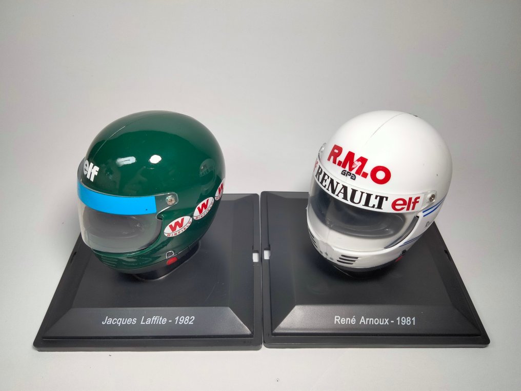 Spark 1:5 - Modell sportbil (2) - René Arnoux #16 - Equipe Renault Elf F1 Helmet (1981) + Jacques Laffite #26 - Equipe Talbot Gitanes #3.2