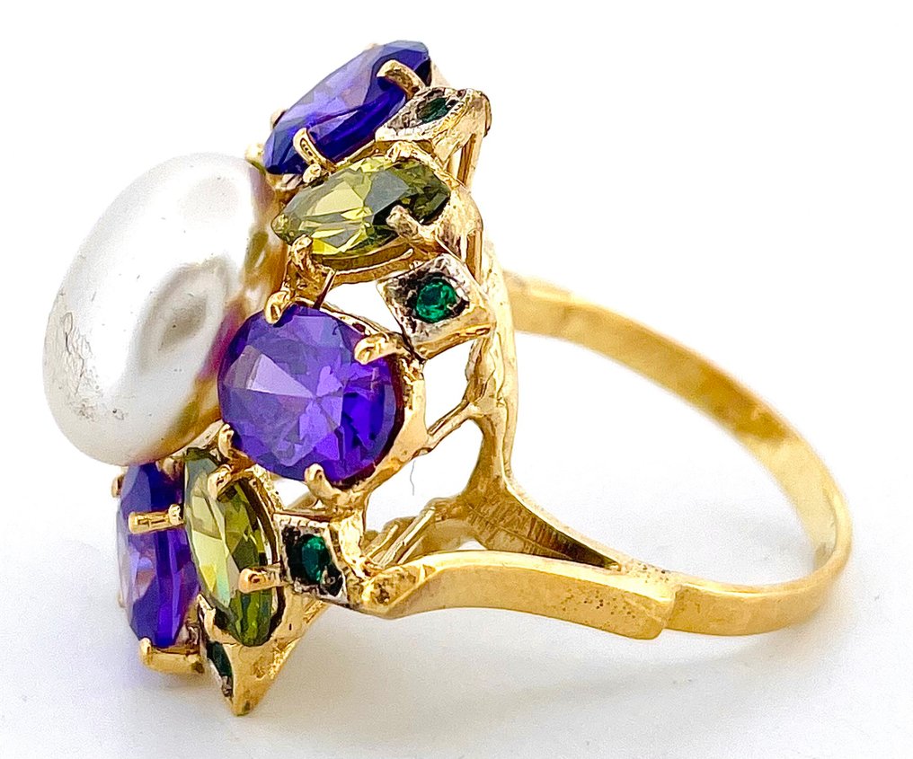 Nincs minimálár - Gyűrű - 9 Kt Sárga arany, Ezüst Ametiszt - Peridot #3.2