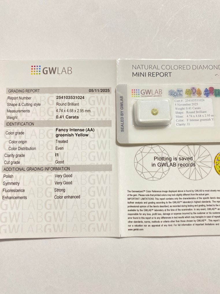 χωρίς τιμή ασφαλείας - 1 pcs Διαμάντι (Επεξεργασμένου χρώματος) - 0.41 ct - Στρογγυλό - Fancy intense Πρασινωπό Κίτρινο - I1 - Gemewizard Gemological Laboratory (GWLab) #4.3